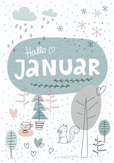 a card with the words hello january written in white and blue, surrounded by snowflakes