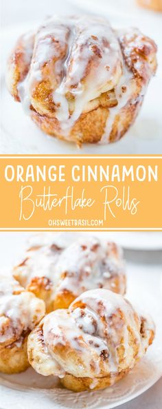 orange cinnamon butterflake rolls on a white plate with the title in the middle