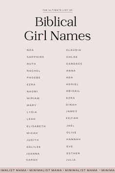 the ultimate list of biblical girl names in black and white, on a pink background