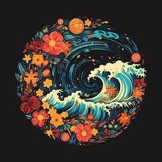 an image of a wave with flowers on it