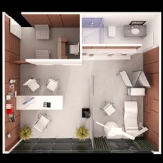 an overhead view of a bathroom and living room in a small house or studio apartment