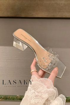 Lasaky - Sophisticated Crystal-Adorned Clear Strap Flat Sandals Elegant Chunky Heels, Fancy Sandals, Clear High Heels, Fancy Heels, Transparent Heels, Pretty Sandals, Shoes Heels Classy, Heels Classy, Stunning Shoes