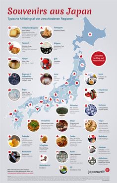 the map shows different types of food in japan