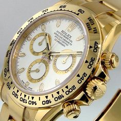 Description Guaranteed Authentic Rolex Daytona with a 40mm 18K yellow gold case and a white dial with three yellow gold subdials. This fine timepiece is waterproof up to 100 meters. It features a chronograph central seconds hand, a 30-minute counter, a 12-hour counter, an 18K yellow gold tachymeter bezel, and an 18K yellow gold Oyster bracelet. This watch is unworn with tags and its box. It comes with a Two Year Warranty from Da Vinci Fine Jewelry, Inc., a gift box, instructions, and certified r Rolex Daytona Black, Rolex Daytona Stainless Steel, Rolex Daytona Gold, Rolex Daytona White, Rolex Daytona Watch, Rolex Cosmograph Daytona, Cosmograph Daytona, Watches Rolex, Gold Rolex