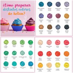 different colors of cupcakes and icing on a pink background with the words como preparing