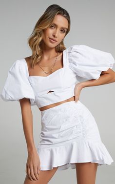 Astarte Two Piece Set in White | Showpo White Set Outfit, White Two Piece Outfit, Resort Wear Fashion, White Two Piece Set, Sorority Recruitment Outfits, Recruitment Outfits, Summer Day Dresses, 2piece Outfits, Puff Sleeve Crop Top