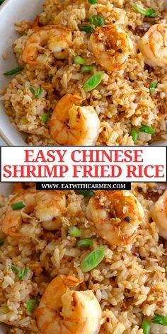 shrimp fried rice with scallops in a white bowl