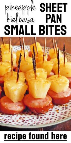 pineapple and kielbasa small pan bites on a plate with text overlay