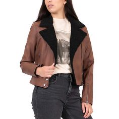 Featuring a faux leather construction and faux sherpa lined collar, this women's Coffee Shop moto jacket abounds with fashionable flair.Finding the perfect fit and size for women's clothing requires basic measurements of your chest, waist, hips and inseam. Use this guide to learn more about sizing and everything Kohl's has to offer in women's fashion. Featuring a faux leather construction and faux sherpa lined collar, this junior's Coffee Shop moto jacket abounds with fashionable flair. Finding Fall Leather Biker Jacket With Faux Fur Lining, Trendy Leather Jacket With Faux Fur Lining For Work, Trendy Biker Jacket With Padded Collar For Fall, Edgy Brown Winter Outerwear, Brown Biker Jacket With Faux Fur Trim For Fall, Trendy Biker Jacket With Faux Fur Lining For Spring, Trendy Faux Leather Jacket With Faux Fur Trim, Brown Faux Leather Biker Jacket For Winter, Casual Biker Jacket With Faux Fur Lining For Spring