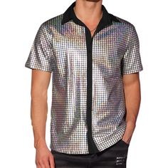 Experience the dazzling charm of metallic patterns, boasting short sleeves and a button-down silhouette designed for the ultimate party and nightclub revelry. These shirts exude an irresistible sheen and captivating glitter, making them impossible to overlook. Elevate your style and make a statement by donning these short-sleeved metallic button-down shirts. Their eye-catching charm is sure to set you apart from the crowd. For an effortlessly chic look, consider pairing these shiny disco shirts Fitted Short Sleeve Shirt For Party Season, Fitted Sequin Shirt For Summer, Disco Style Shirt For Night Out In Summer, Disco Style Short Sleeve Summer Shirt, Summer Disco Shirt For Night Out, Disco Style Summer Shirt For Night Out, Summer Disco Style Short Sleeve Shirt, Party Season Short Sleeve Shirt, Party Short Sleeve Shirt