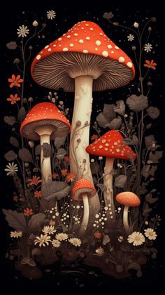 a painting of mushrooms and daisies on a black background