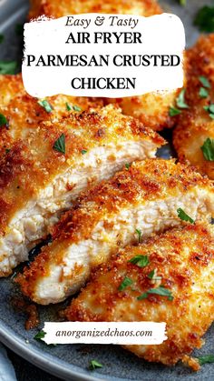 air fryer parmesan crusted chicken is on a plate with parsley