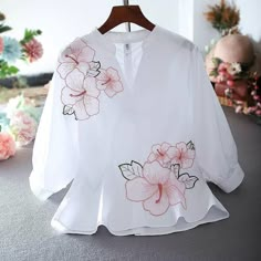 Tunic White Shirt Women Chiffon Flower Embroidery Blouse V Neck Office Ladies Tops Casual High Quality Summer Puff Sleeve White Shirt Women, Chiffon Flower, White Shirts Women, Embroidery Designs Fashion, Painted Clothes, Ladies Tops, Embroidery Blouse, Stylish Dress Designs, Embroidery Fashion