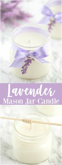 lavender mason jar candle with the words lavender mason jar candle on top and in front