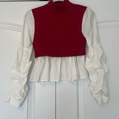 Turtleneck Cropped Sweater Top With Built In Dress Shirt Sleeves. White Fitted Blouse For Layering, White Cropped Blouse For Fall, Chic Red Tops For Layering, Casual Red Blouse For Layering, White Stretch Blouse For Layering, Trendy White Blouse For Layering, White Ruffled Tops For Layering, Red Blouse For Spring Layering, Eyelet Blouse