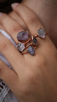 Raw Amethyst Ring from Mexico || Amethyst Stone Ring || February Birthstone Ring || Rough Copper Ring || Amethyst || February Ring | Elecroformed ||You will receive a ring similar to the one pictured above|| A raw Amethyst Crystal crafted with a rustic technique to create this unique ring. We are never able to craft two rings the exact same meaning your piece is undoubtably one of a kind. Taking anywhere from 8 to 32 hours to make, we finish the copper pieces by adding a patina, tumbling the pieces, and then completing a final polish to get the desired texture and tone, lastly the rings are dipped into a clear coat lacquer to seal the metal and prolong tarnish. ||Amethyst||  a stone of protection, purification, and spirituality. Amethyst will assist in overcoming any addiction! It calms an Handmade Amethyst Crystal Ring, Handmade Amethyst Crystal Ring In Purple, Amethyst Multi-stone Crystal Ring As Gift, Purple Amethyst Multi-stone Crystal Ring, Raw Amethyst Ring, Purple Stone Rings, Cotton Jewelry, Raw Amethyst, Crystal Crafts