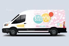 a white delivery truck with balloons on the side