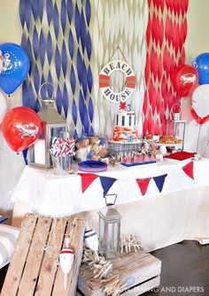 a table with red, white and blue decorations