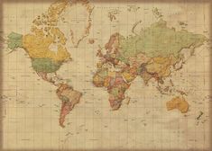 an old world map with the countries in yellow, green and brown on parchment paper