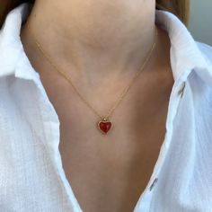 Red Heart Necklace Gold 18k - ASANA - 35% Sale Red Heart Gold Necklace, Red Heart Jewelry Aesthetic, Gold Red Heart Necklace, Carnelian Heart Necklace, Gold Red Necklace, Elegant Heart Necklace, Vintage Red Heart Necklace, Red Heart Necklace Aesthetic, Red And Gold Necklace