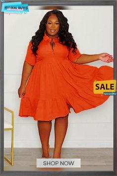 Plus Size Short Sleeve Button Down Midi Dresses Casual Collared Mini Dress In Solid Color, Casual Solid Color Mini Dress With Collar, Casual Collared Orange Dress, Casual Orange Collared Dress, Mini Dress With Buttons And Short Sleeves, Casual Orange Button-up Dress, Orange V-neck Dress With Buttons, Plus Size Shorts, Midi Dresses