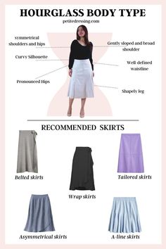 Skirts For Hourglass Figures, Modest Hourglass Outfits, Hourglass Measurements, Bottom Hourglass Outfits, Petite Hourglass Figure, Hourglass Skirt, Skirt Guide