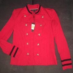 This Blazer Is Sure To Make You Stand Out! Made By Tommy Hilfiger, This Gorgeous Red Coat Features An Open Style Front With Buttons Coming Down Each Side (Design) -Embroidered Pattern Around Neck And Bottom Of Sleeves -Armpit To Armpit 18 Inches, Top To Bottom 22 Inches, Sleeves 24 Inches Extra Button Attached Nwt Retail $100 Fall Tommy Hilfiger Long Sleeve Blazer, Tommy Hilfiger Tops For Office In Fall, Chic Tommy Hilfiger Long Sleeve Outerwear, Chic Long Sleeve Tommy Hilfiger Outerwear, Tommy Hilfiger Coat, Suede Blazer, Suit Jackets For Women, Side Design, Tommy Hilfiger Jackets