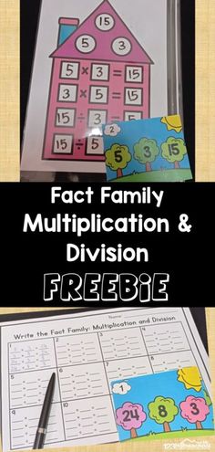 a house with numbers on it and the text fact family multiplication & division freebie