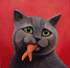 a painting of a gray cat with a carrot in its mouth on a red background