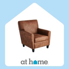 a brown leather chair sitting in front of a blue background with the words at home on it