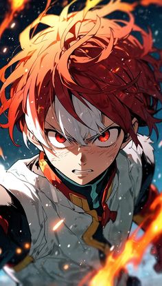 an anime character with red hair in front of a blue sky and orange fireballs