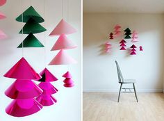 two pictures side by side, one with pink and green christmas trees hanging from the ceiling