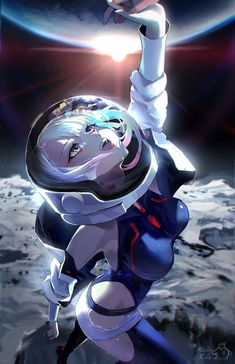 an astronaut is in the space with his arms up and one hand on his head