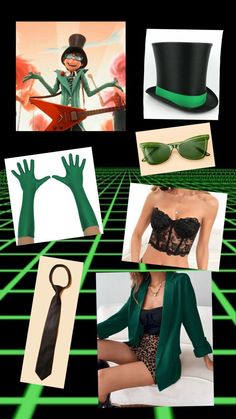 a collage of photos with hats, sunglasses and clothing items in green lines on black background