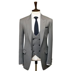 Package Includes: 1 x Jacket - 1 x Waistcoat - 1 x Pant

 	Fabric: 100% Wool
 	Yarn: 140s
 	Lining Fabric: Silk
 	Pattern: Solid
 	Construction: Half Canvas
 	Seasonality: All Season
 	Jacket: Peak Lapel, Flap Pockets, Single Button Closure
 	Waistcoat: U- Shape Shawal Lapel with Double Breasted
 	Trouser: Flat front, side seam slant pockets, 2 Back Pockets, Zip Closure

Purchase the bespoke stark grey suit now or customize it to your exact measurements- at no additional cost- using the “customi Grey 3 Piece Suit, Suits Men Business, Italian Traditions, Silk Pattern, Grey Suit, Suit For Men, Bespoke Suit, Classic Grey, Suits Men