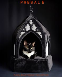 a black and white cat sitting in a pet house with the caption please read product description