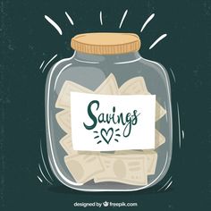 a glass jar filled with money and the words savings written on it in green lettering