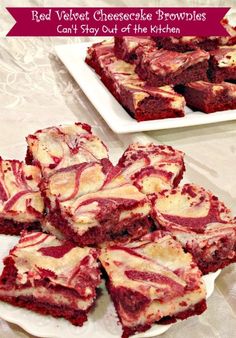 red velvet cheesecake brownies can't stay out of the kitchen on this plate