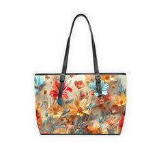 Step out in style with our vibrant floral print oversized shoulder tote, adorned with an array of colorful flowers set against a light neutral background. This chic accessory features a detailed and lush floral design in shades of red, orange, and blue, bringing a cheerful and stylish flair to your everyday look. Crafted from high-grade PU leather for durability and a luxurious feel. These shoulder bags are perfect for adding a splash of vibrant color and style to any outfit Ideal for the fashio Floral Print Leather Shoulder Bag, Leather Bag With Floral Print For Spring, Leather Tote Bag With Floral Print, Spring Floral Print Double Handle Shoulder Bag, Floral Print Tote Shoulder Bag For Shopping, Leather Bags With Floral Print For Shopping, Everyday Rectangular Shoulder Bag With Floral Print, Casual Multicolor Flower-shaped Bag, Casual Multicolor Floral Print Bag