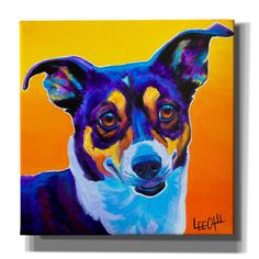 a painting of a dog on an orange and yellow background with the words lee call written below it