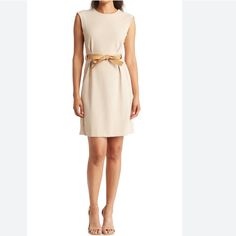 New- Calvin Klein Faux Leather Belted Sheath Dress In Latte Color. Size 12 Elegant Belted Mini Dress For Daywear, Neutral Mini Dress For Work, Beige Sleeveless Dress For Spring Workwear, Beige Sleeveless Dress For Work In Spring, Chic Neutral Dresses For Workwear, Chic Neutral Dresses For Work, Beige Sleeveless Office Dress, Sleeveless Beige Dress For Office, Elegant Brown Mini Dress For Daywear