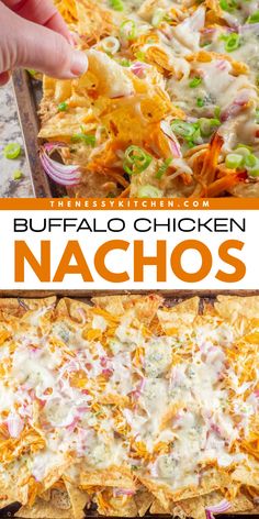 Get ready for these loaded buffalo chicken nachos! They're an easy appetizer for a crowd. With a combo of shredded chicken, and homemade buffalo sauce, these sheet pan nachos are a fun party snack. So, grab some tortilla chips for one of the best game day recipes! Sheet Pan Buffalo Chicken Nachos, Buffalo Chicken Dip Nachos, Nacho Platter Recipes, Game Day Nachos Football Season, Nacho Appetizers For Party, Gameday Recipes Football Season, Chicken For Nachos, Tailgating Drinks, Sheet Pan Buffalo Chicken