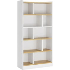 a white bookcase with wooden shelves on the bottom and one shelf below it, against a white background