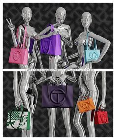 three mannequins with bags in different colors