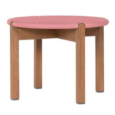 a small wooden table with a pink seat on it's top and two legs