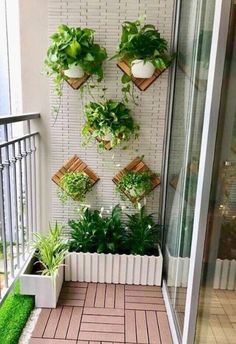 an outdoor balcony with potted plants on the wall and green grass in the floor