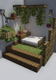 a bed sitting on top of a wooden platform next to a planter filled with plants