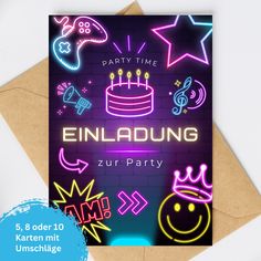 a birthday card with neon lights and smiley faces