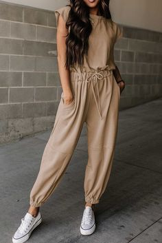 The802Gypsy  outfit sets Light French Beige / S / 80%Polyester+20%Cotton TRAVELING GYPSY-Open Back Drawstring Jogger Jumpsuit Beige Cap, Jogger Jumpsuit, Beige Jumpsuit, Gray Cap, Drawstring Jogger, One Piece Outfit, Cotton Bottoms, Jumpsuit With Sleeves, Fashion Joggers