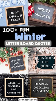 the words are written in black and white on wooden boards with snowflakes, pine cones